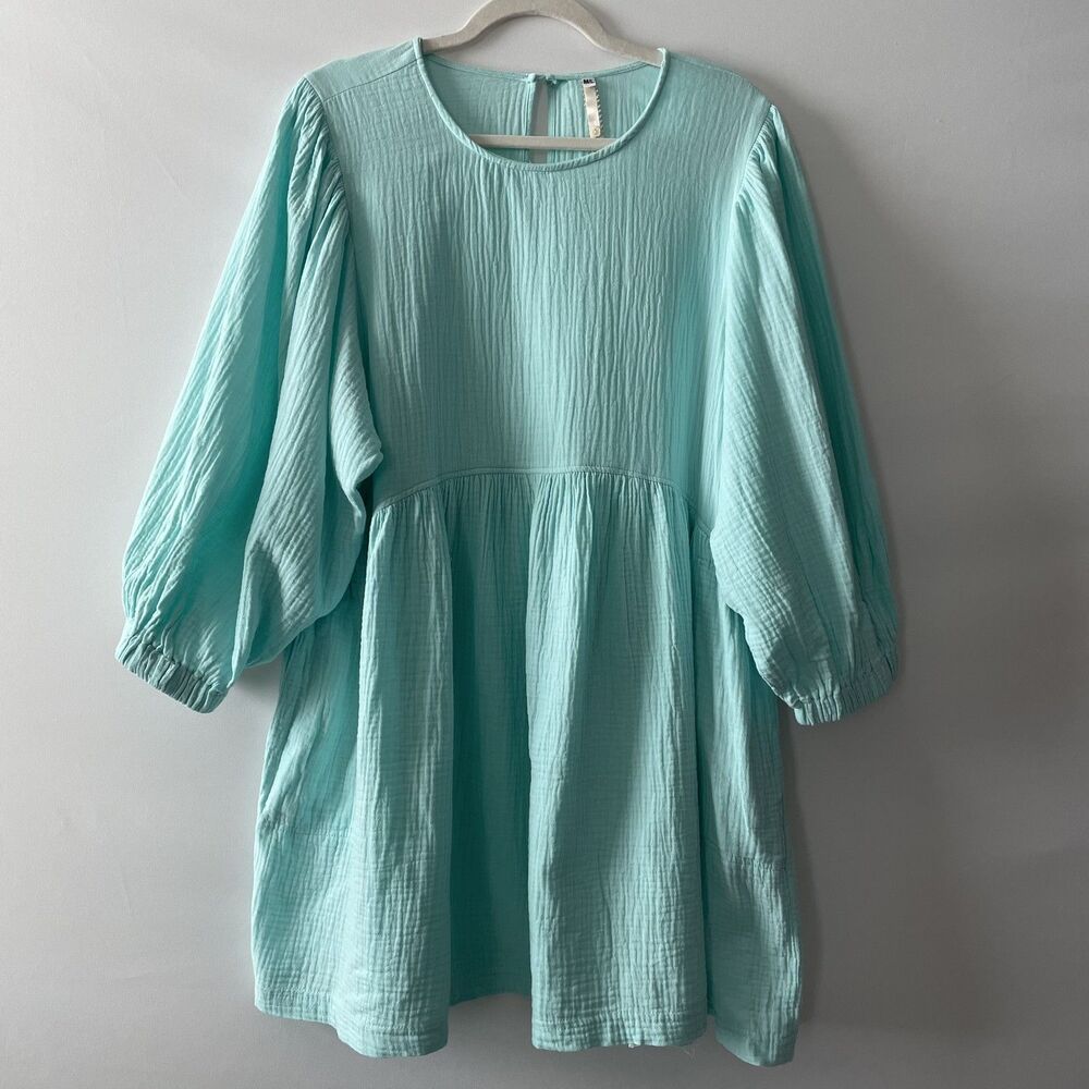 Uncle Frank Babydoll Dress Long Sleeve Gauze Aqua Blue Women Size M/L-(dp)